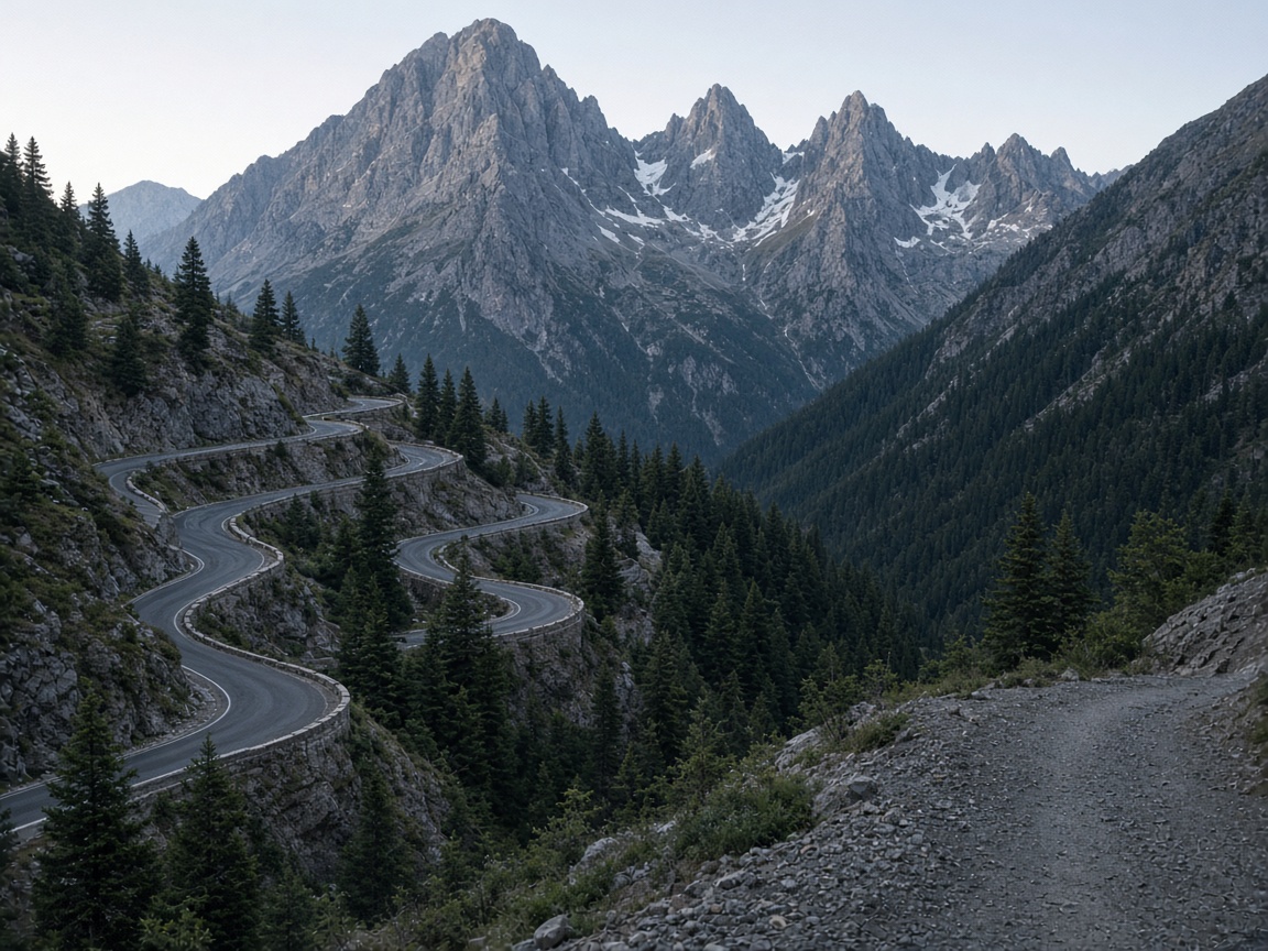 A scenic mountain road winding toward alpine peaks
